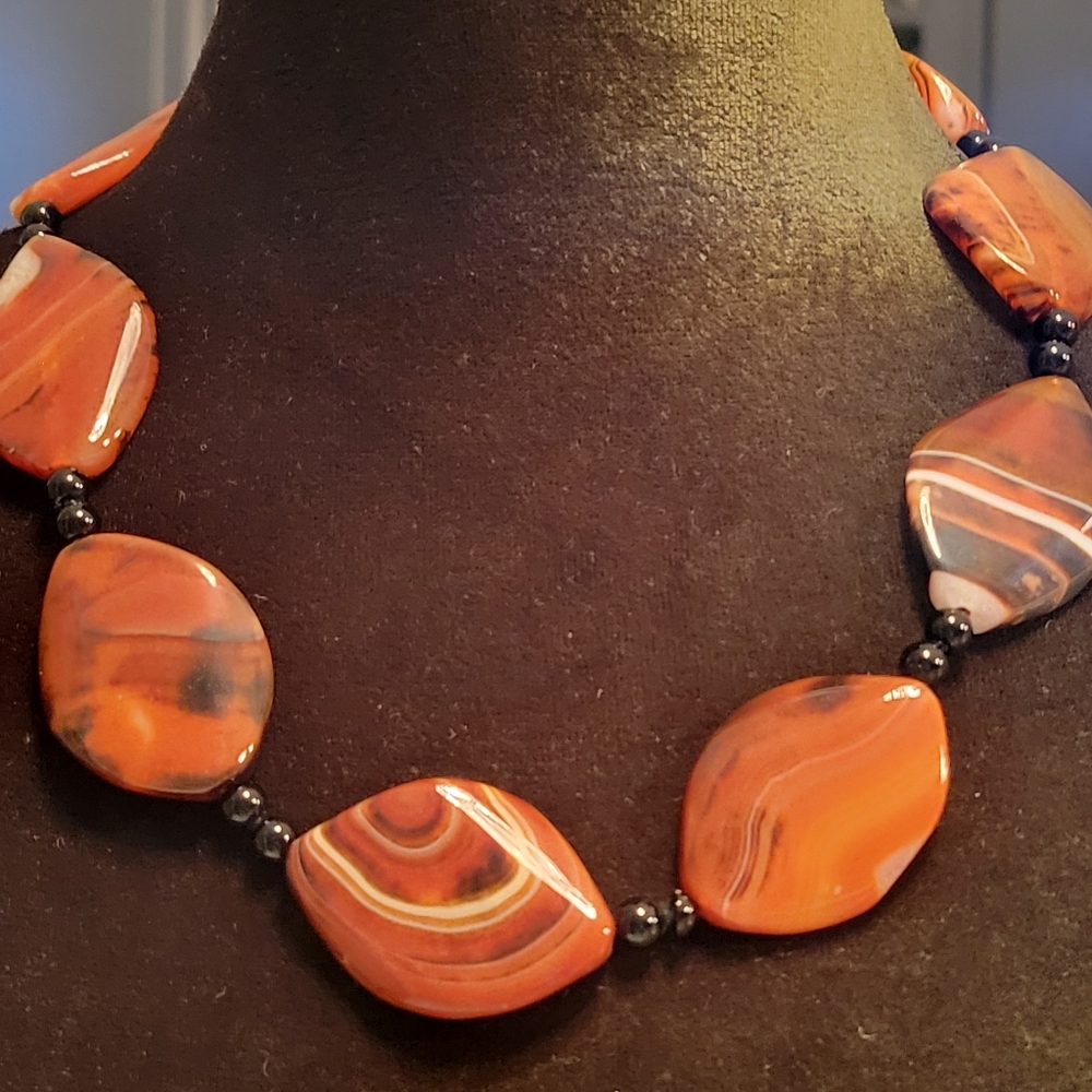 Agate And Black Onyx Necklace 18" Long.All Handmade